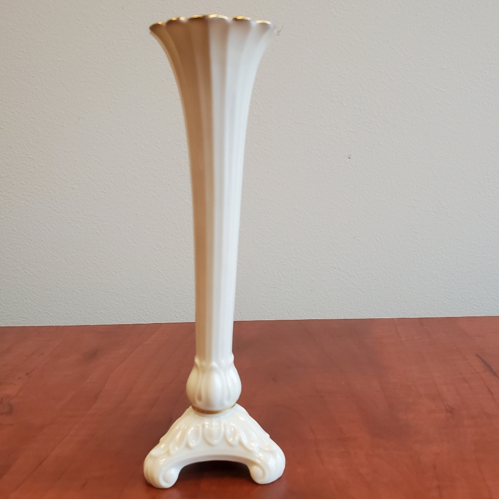 Lenox Bud Vase Ivory Color with Gold Trim & Tripod‎ Foot Made In U.S.A.